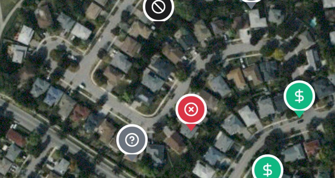 The Turtle Sales map with colour-coded pins for every door recorded across a neighbourhood