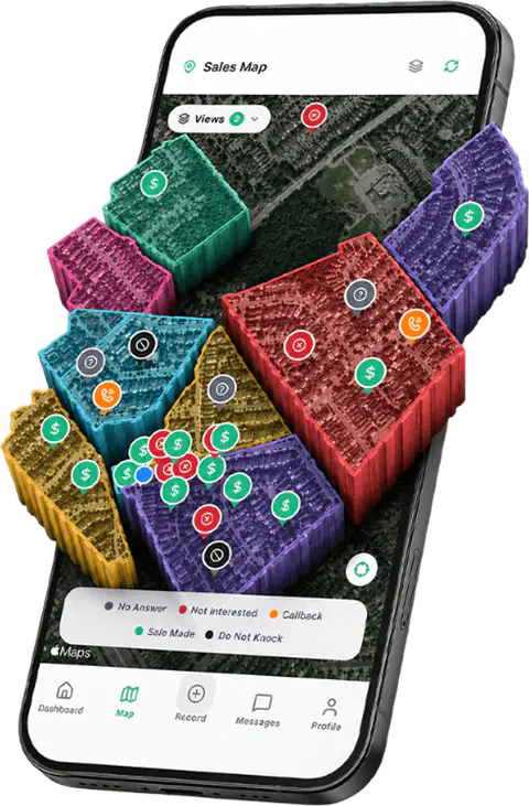 The Turtle Sales mobile app showing a sales map with colour-coded territories and pins for sale made, not interested, callback, no answer, and do not knock